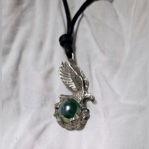 Pewter EAGLE Charm Pendant 1.75" tall Holding .5" Diameter Lite Green Stone